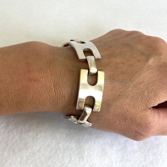 Solid Sterling Silver 925 Heavy Modernist Style Rectangular Link Bracelet 47g - Picture 12 of 16